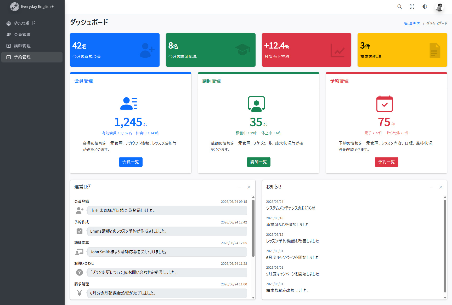 オンライン英会話 + 管理画面